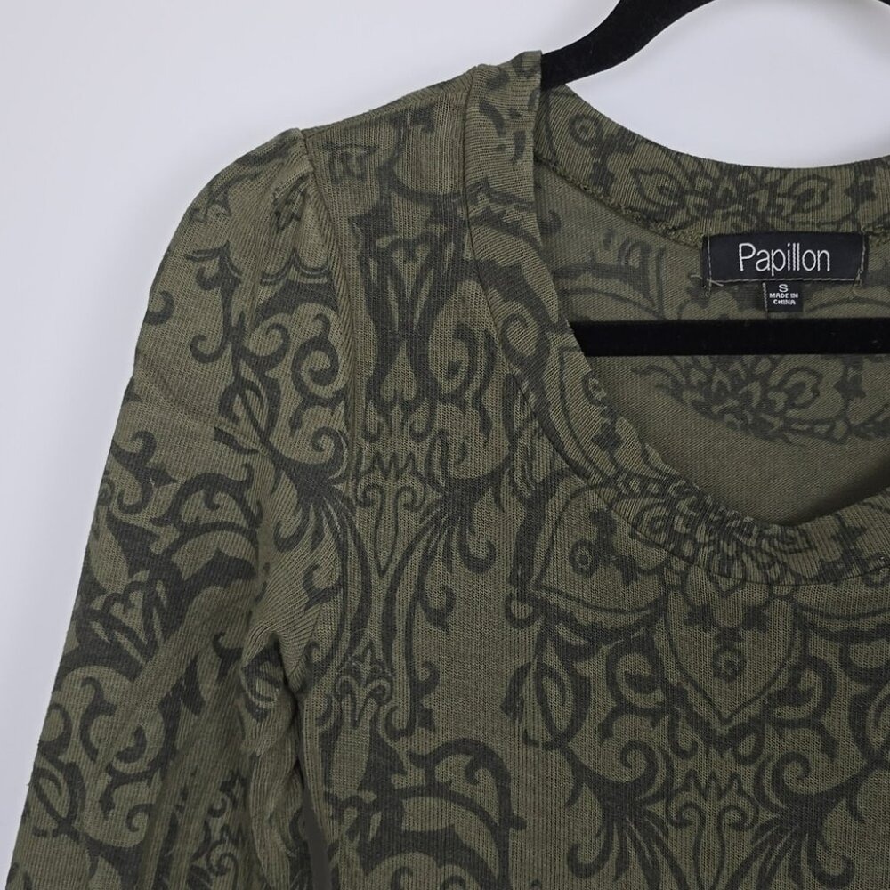 Papillon Women's Fit & Flare Dress Fatigue Green Paisley Knit Crew Neck Size S - Picture 3 of 12
